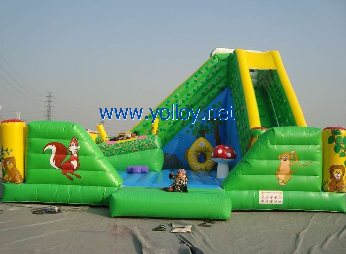 Green forest with animals inflatable slide combo
