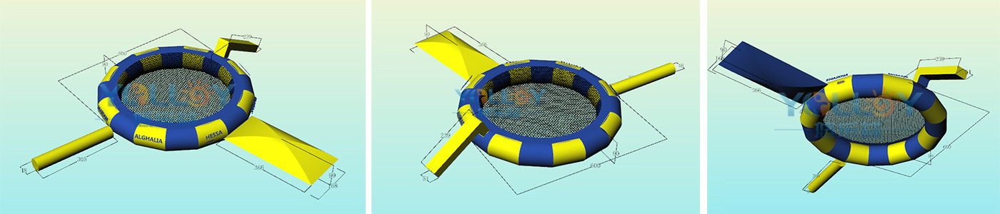 3D design drafts of jumper inflatable water trampoline with slide